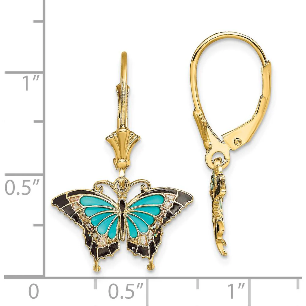 14K Yellow Gold Butterfly Leverback Earrings with Aqua and Multi-Color Enamel Wings by Oro Pregiato - Image 4