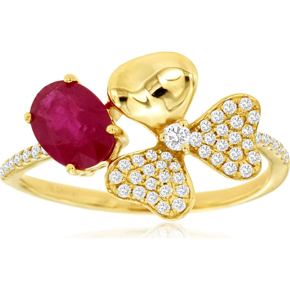14K Yellow Gold Butterfly Motif Ring with Oval Ruby and Round Diamonds - 0.90 Carat Ruby and 0.22 Carat Total Diamond Weight - Royal Jewelry