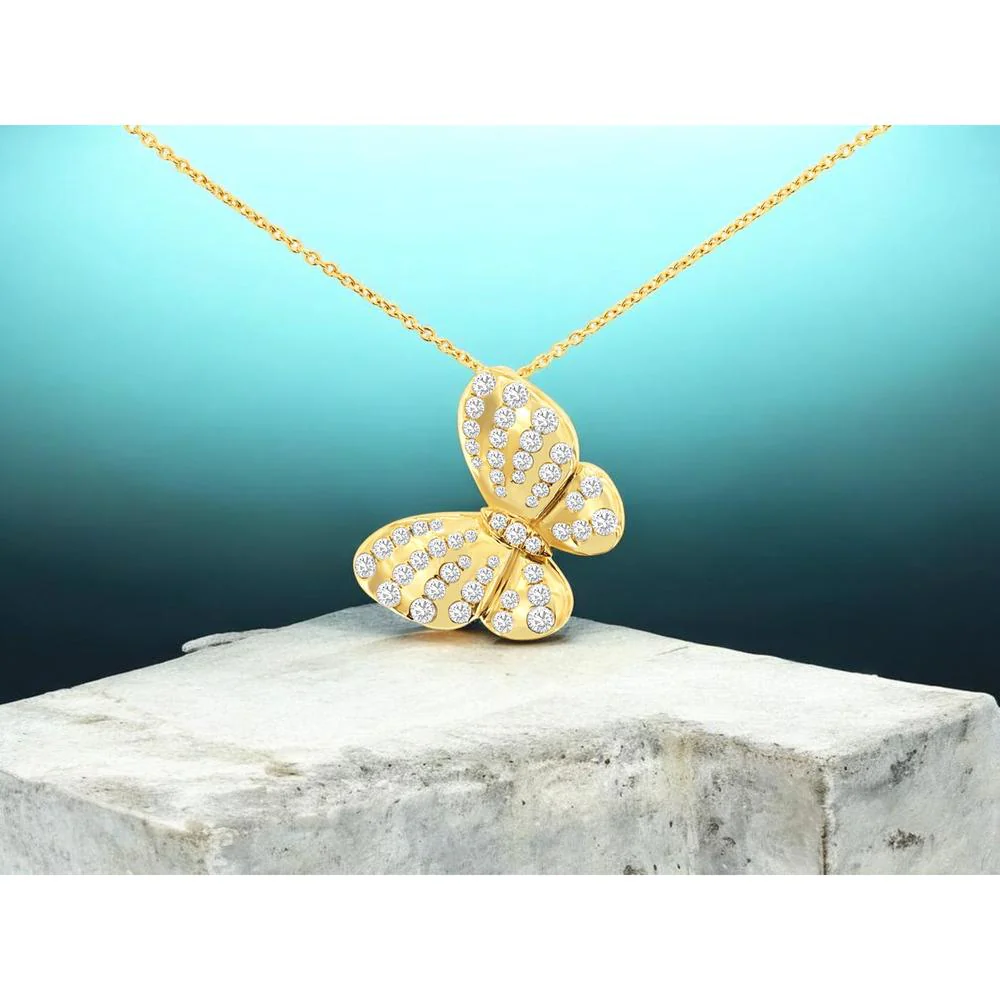 14K Yellow Gold Butterfly Pendant Necklace with Pavé Set Round Diamonds - 0.92 Carat Total Diamond Weight - Royal Jewelry - Image 2