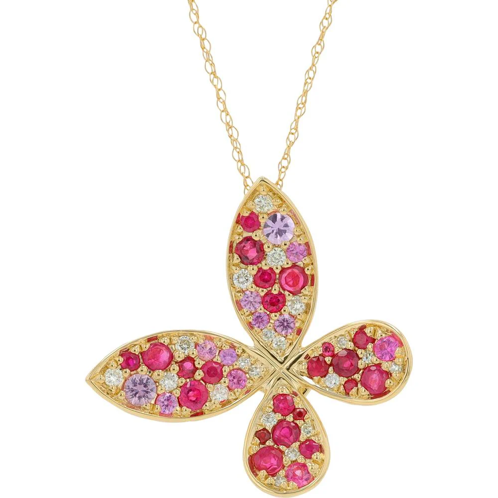 14K Yellow Gold Butterfly Pendant with Pink Sapphires & Rubies - 1.10 Carat Total Color Weight with 0.17 Carat Diamond Accents