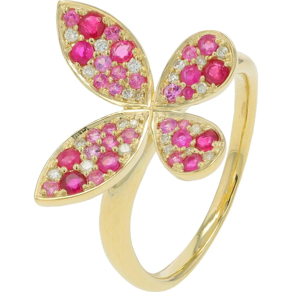 14K Yellow Gold Butterfly Ring with Pink Sapphire & Ruby Accents and 0.10 Carat Diamonds - 0.52 - 0.70 Carat Total Gemstone Weight
