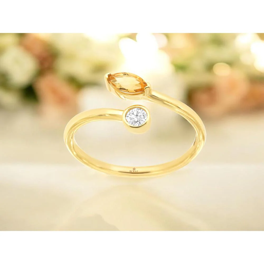 14K Yellow Gold Bypass Open Shank Ring with Marquise Citrine and Bezel-Set Diamond - 0.28 Carat Citrine, 0.10 Carat Diamond - Royal Jewelry - Image 2