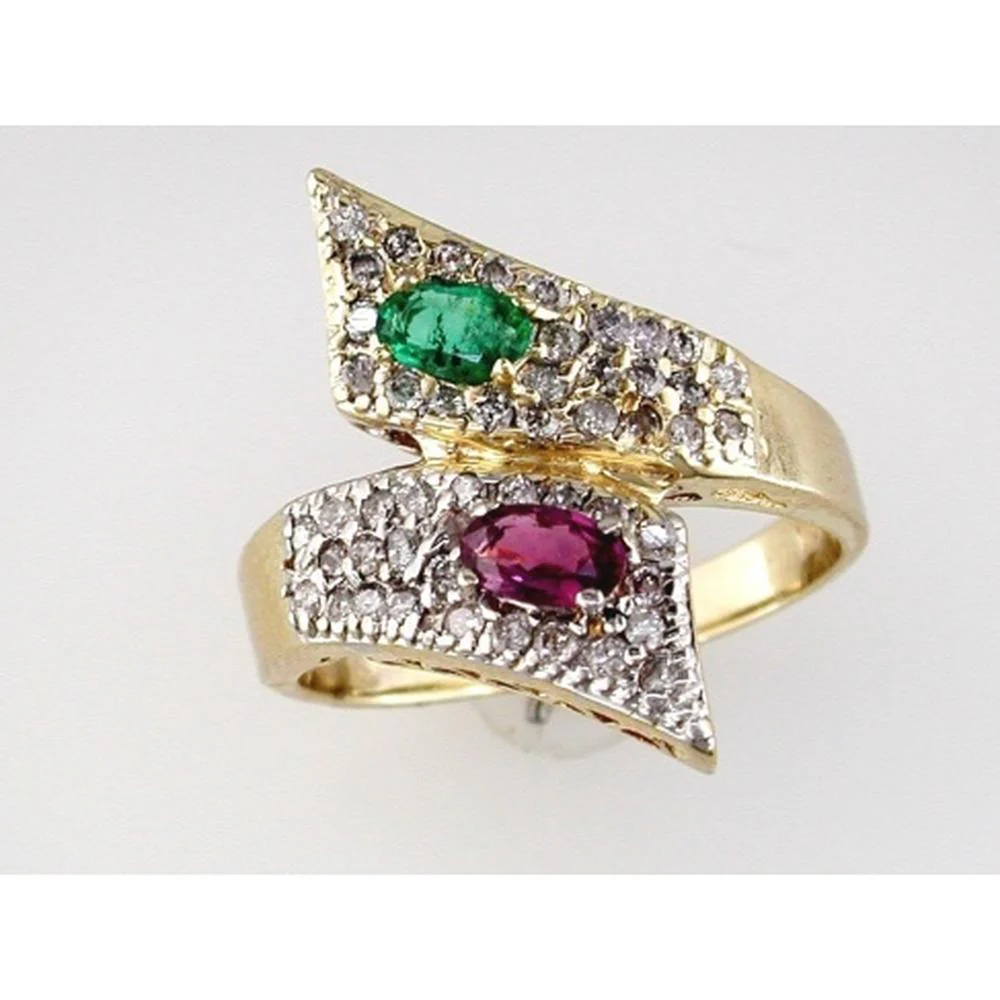 14K Yellow Gold Bypass Ring with 0.53 Carat Oval Emerald, Oval Ruby, and Pavé Set Round Diamonds - Royal Jewelry