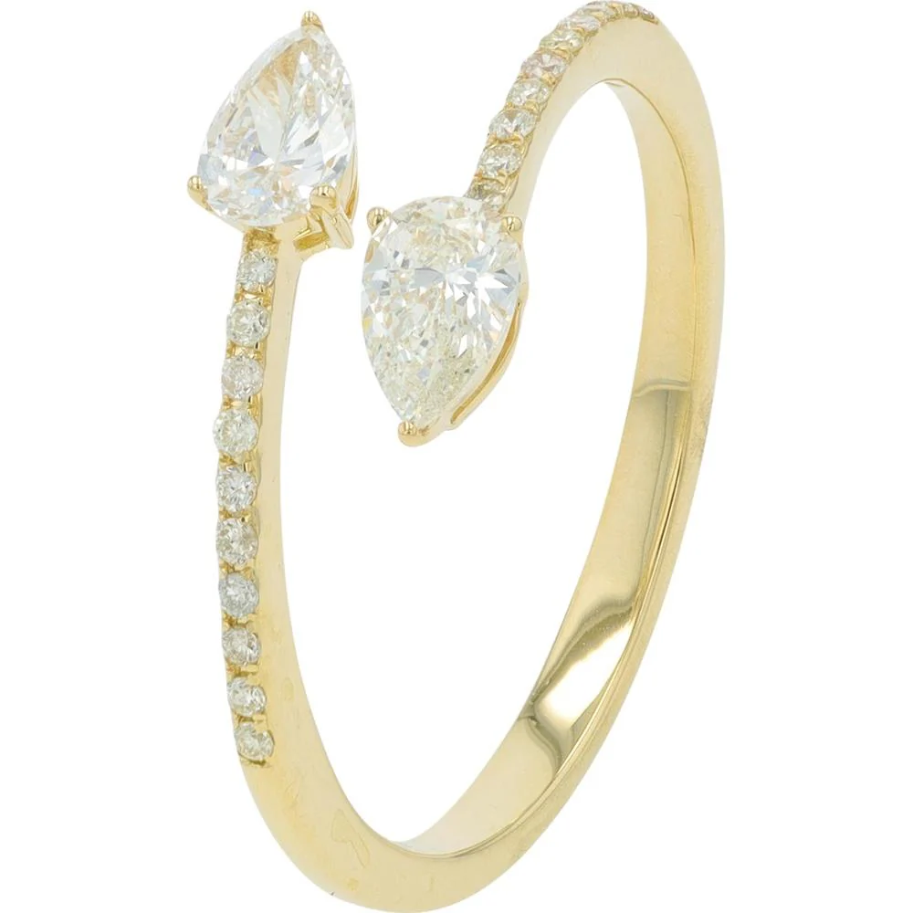 14K Yellow Gold Bypass Ring with 0.56 Carat Total Pear - Shaped Diamonds and Pavé Diamond Accents