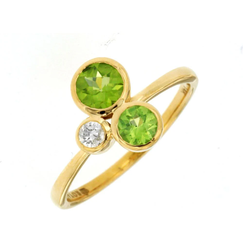 14K Yellow Gold Bypass Ring with Bezel-Set Round Peridots and Round Diamond Accent - 0.80 Carat Total Peridot Weight and 0.08 Carat Diamond Weight - Royal Jewelry