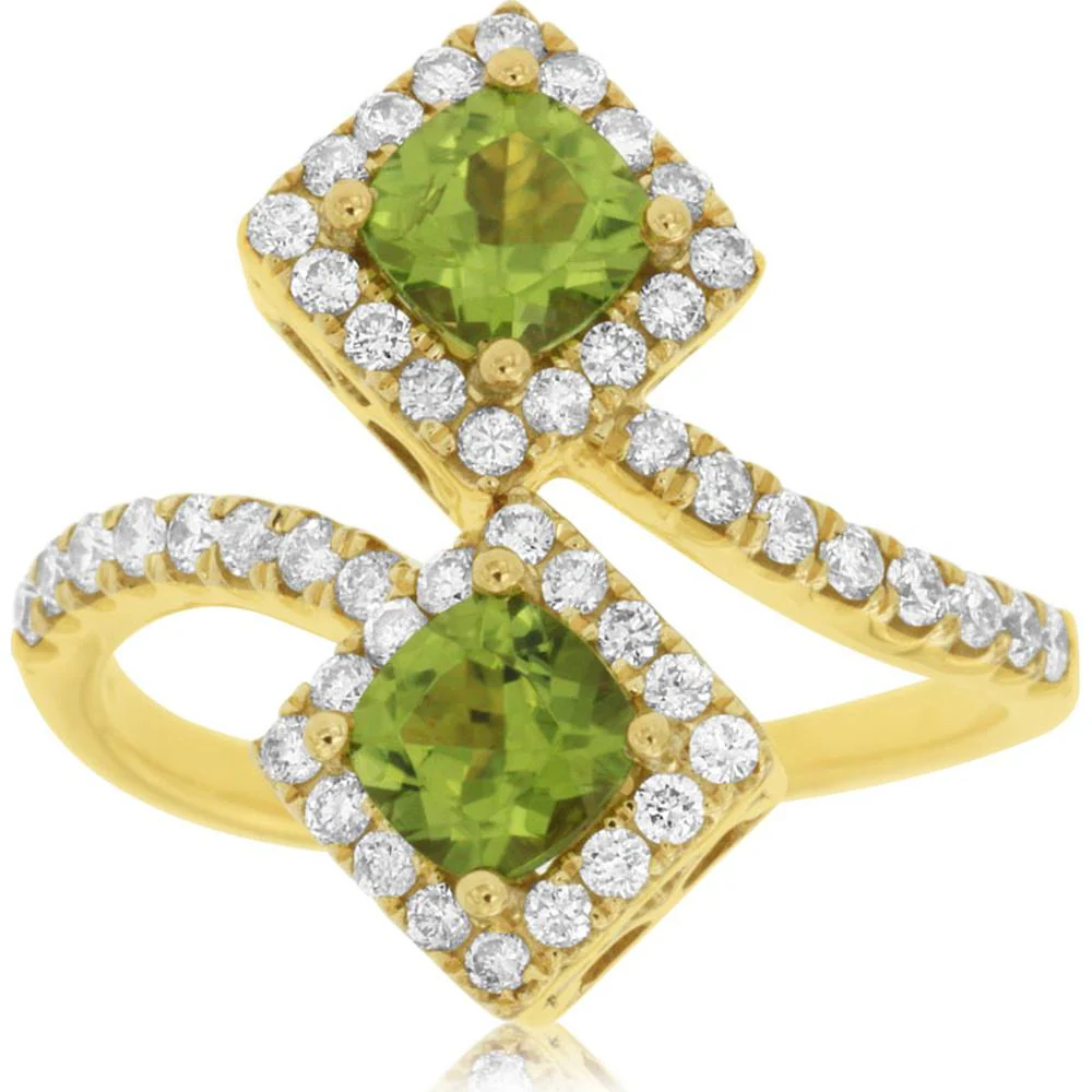 14K Yellow Gold Bypass Ring with Cushion Cut Peridots and Diamond Halos - 1.08 Carat Total Peridot Weight, 0.54 Carat Total Diamond Weight - Royal Jewelry