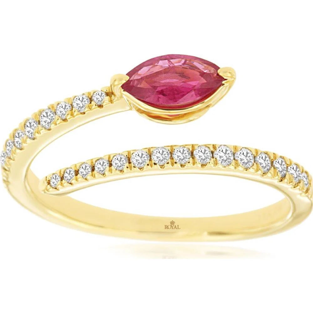 14K Yellow Gold Bypass Ring with Marquise Cut Ruby and Round Diamond Accents - 0.40 Carat Ruby and 0.24 Carat Diamond Total Weight - Royal Jewelry