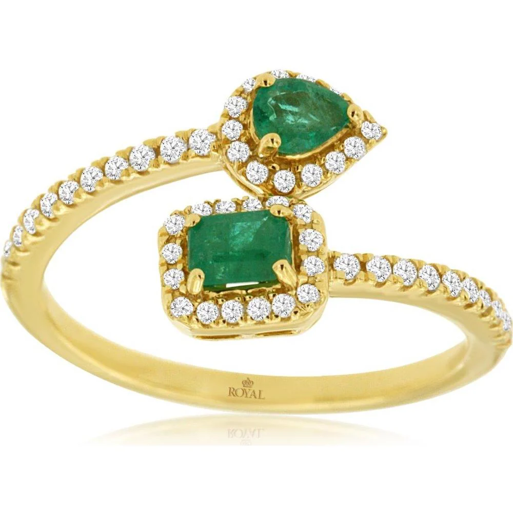 14K Yellow Gold Bypass Ring with Pear and Square Cut Emerald Halo and Diamond Accents – 0.42 Carat Emerald Total Weight, 0.23 Carat Diamond Total Weight - Royal Jewelry