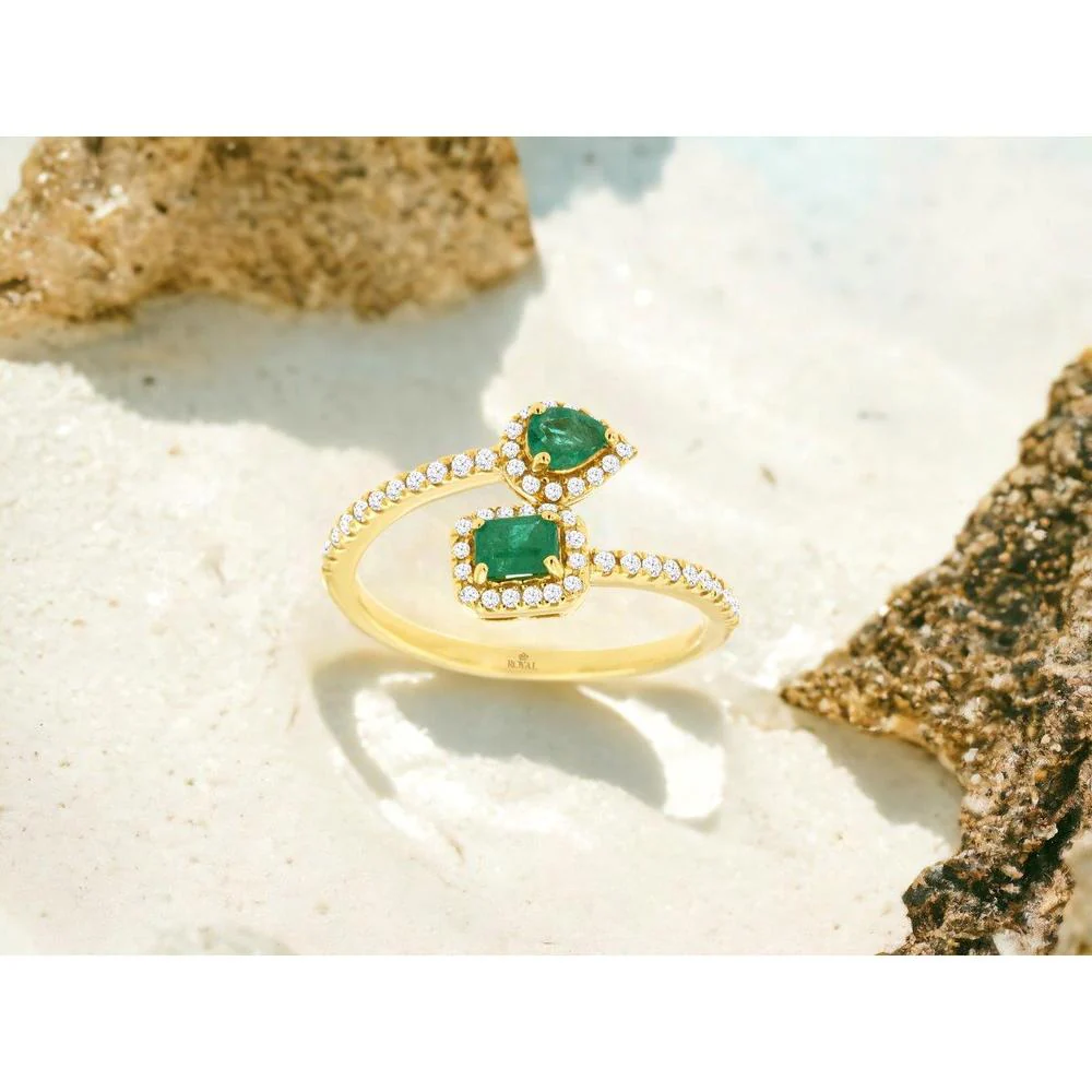 14K Yellow Gold Bypass Ring with Pear and Square Cut Emerald Halo and Diamond Accents – 0.42 Carat Emerald Total Weight, 0.23 Carat Diamond Total Weight - Royal Jewelry - Image 3