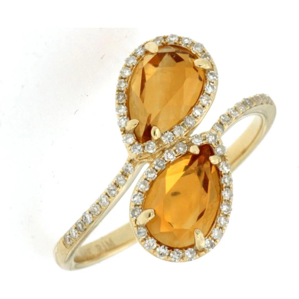 14K Yellow Gold Bypass Ring with Pear-Shaped Citrine and Diamond Halos - 1.30 Carat Citrine Total Weight, 0.21 Carat Diamond Total Weight - Royal Jewelry