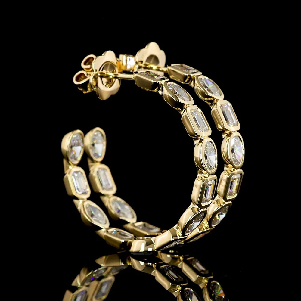 14K Yellow Gold C-Hoop Earrings with Alternating Bezel-Set Emerald and Oval Cut Lab Diamonds - 4.28 Carats Total Diamond Weight - Covaloro Fine Jewelry
