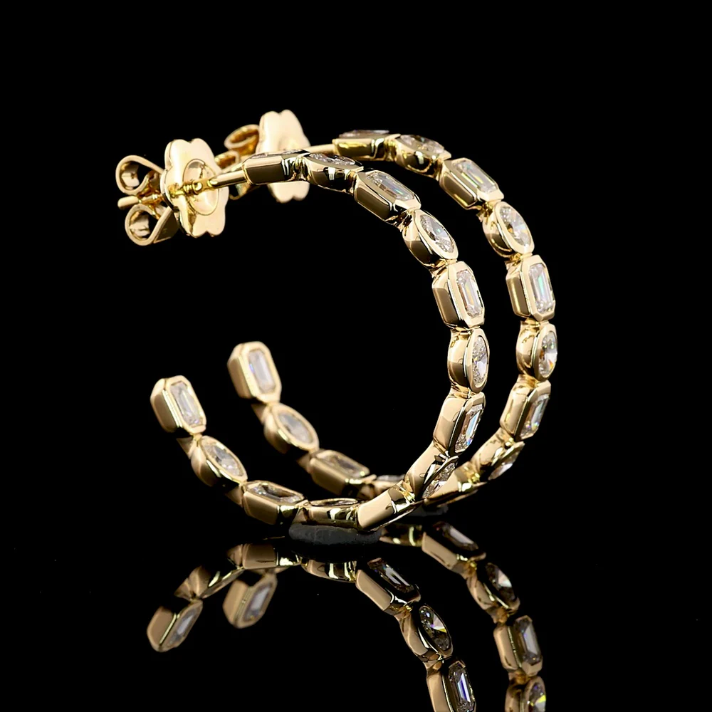 14K Yellow Gold C Hoop Earrings with Alternating Emerald Cut and Oval Cut Lab Diamonds - 2.78 Carat Total Weight - Covaloro Fine Jewelry - Image 3