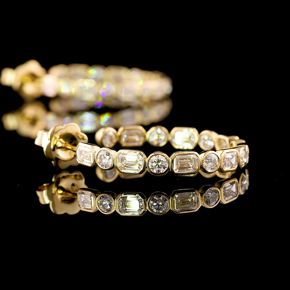 14K Yellow Gold C-Hoop Earrings with Alternating Emerald Cut and Round Brilliant Lab Diamonds - 4.05 Carat Total Diamond Weight, E-F Color, VS1 Clarity, Bezel Set in East-West Orientation - Covaloro Fine Jewelry - Image 4