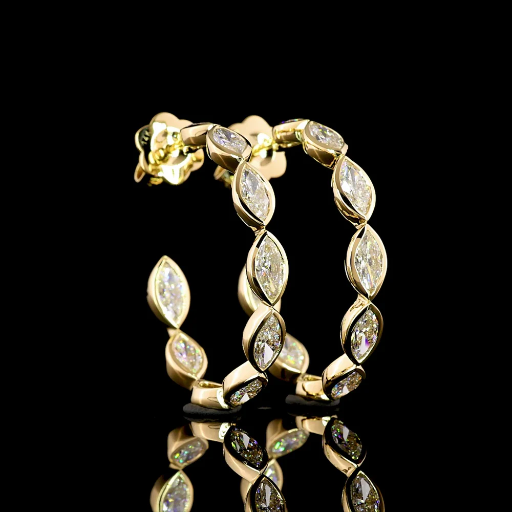 14K Yellow Gold C-Hoop Earrings with Bezel Set East-West Marquise Lab Diamonds - 3.97 Carat Total Diamond Weight - Covaloro Fine Jewelry