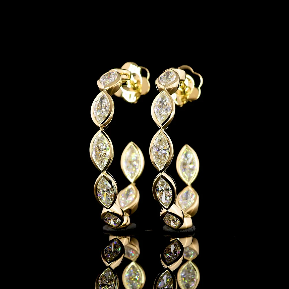 14K Yellow Gold C-Hoop Earrings with Bezel Set East-West Marquise Lab Diamonds - 3.97 Carat Total Diamond Weight - Covaloro Fine Jewelry - Image 3