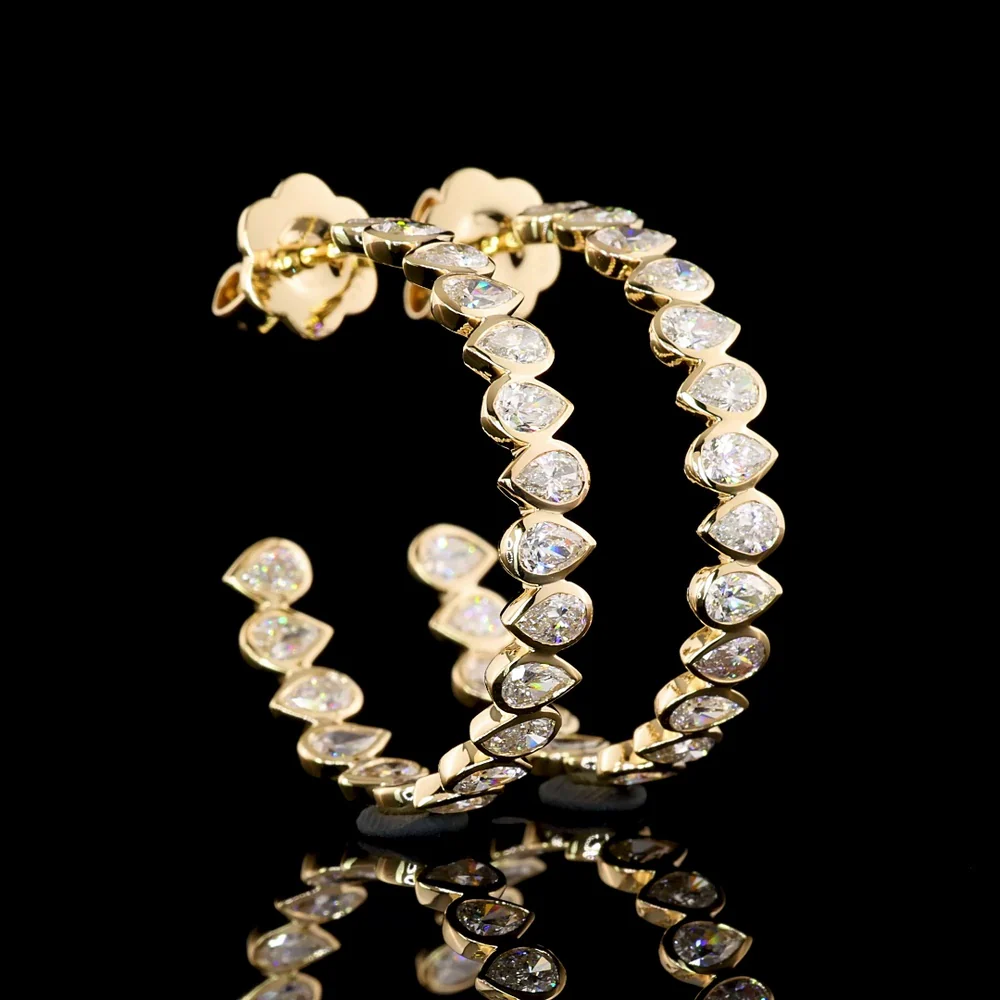 14K Yellow Gold C-Hoop Earrings with Bezel Set Pear Shaped Lab Diamonds - 2.74 Carat Total Weight (E-F Color, VS1 Clarity) - Covaloro Fine Jewelry