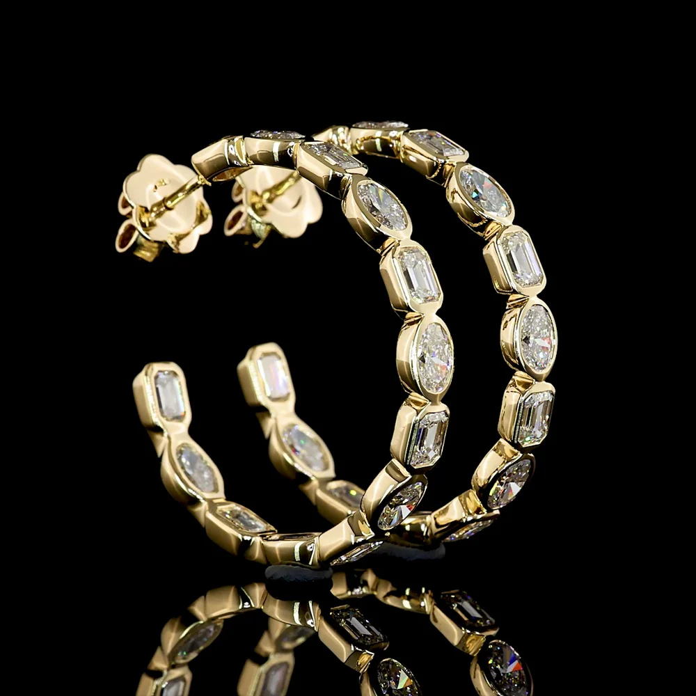 14K Yellow Gold C Hoop Earrings with East West Bezel Set Emerald and Oval Cut Lab Diamonds - 4.76 Carat Total Weight - Covaloro Fine Jewelry