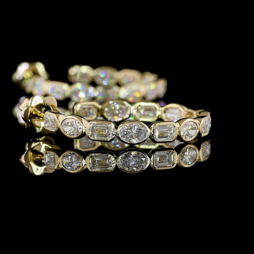 14K Yellow Gold C Hoop Earrings with East West Bezel Set Emerald and Oval Cut Lab Diamonds - 4.76 Carat Total Weight - Covaloro Fine Jewelry - Image 4