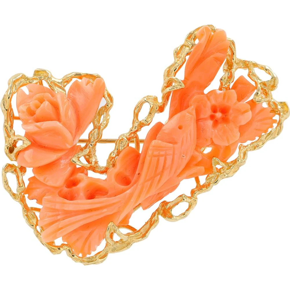 14K Yellow Gold Carved Coral Brooch with Floral and Bird Motif - 5.0 Carat Total Coral Weight