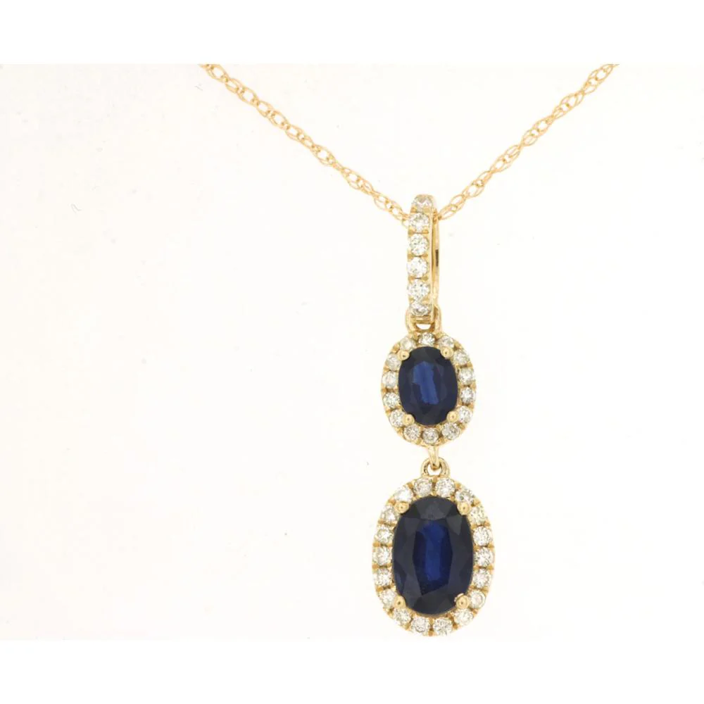 14K Yellow Gold Cascading Oval Sapphire Pendant with Double Halo Diamond Accents - 0.90 Carat Sapphire, 0.14 Carat Diamond Total Weight - Royal Jewelry