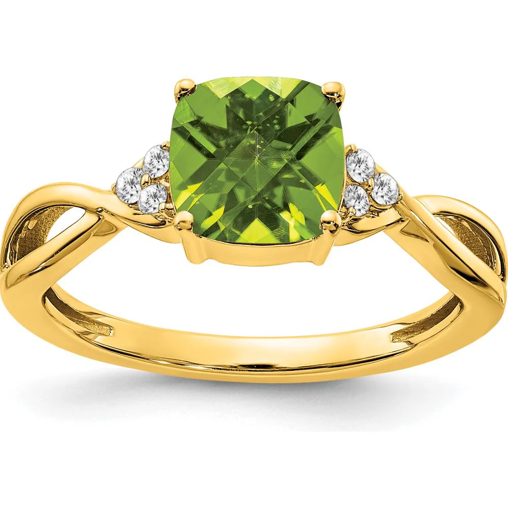 14K Yellow Gold Checkerboard Peridot Ring with Round Diamond Accents - 1.89 Carat Peridot Weight, 0.01 Carat Total Diamond Weight - Size 7 by Oro Pregiato