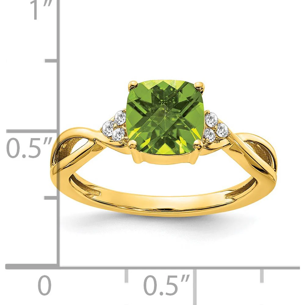 14K Yellow Gold Checkerboard Peridot Ring with Round Diamond Accents - 1.89 Carat Peridot Weight, 0.01 Carat Total Diamond Weight - Size 7 by Oro Pregiato - Image 2