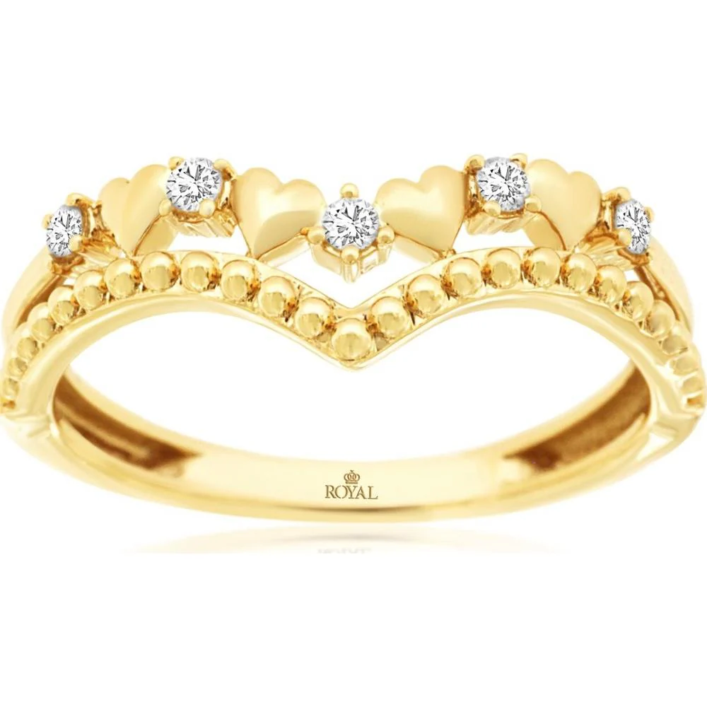 14K Yellow Gold Chevron Heart Band Ring with Round Diamonds - 0.10 Carat Total Diamond Weight - Royal Jewelry