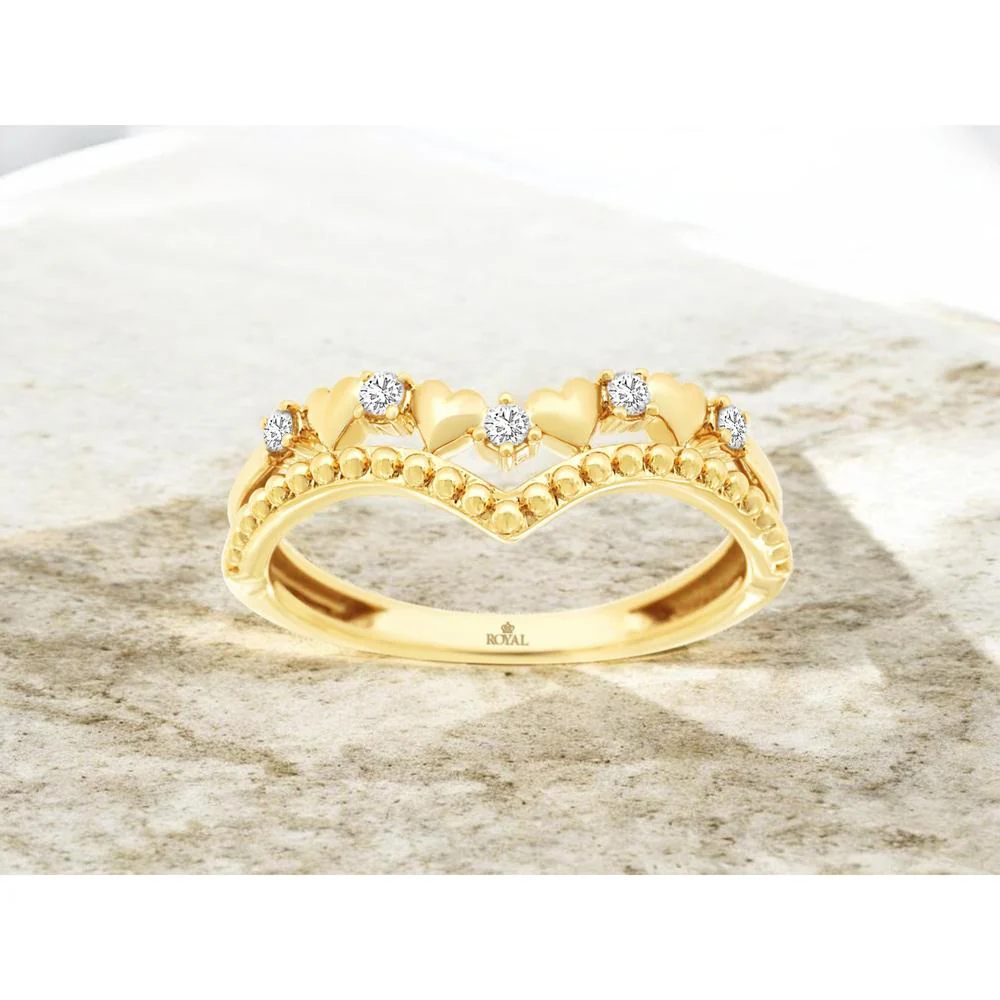 14K Yellow Gold Chevron Heart Band Ring with Round Diamonds - 0.10 Carat Total Diamond Weight - Royal Jewelry - Image 2