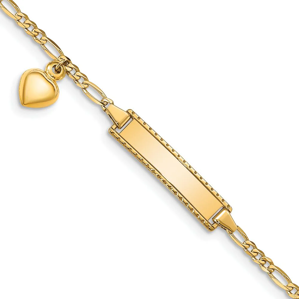 14K Yellow Gold Child's Polished Figaro Link Bracelet with Heart Charm and Engravable ID Plate - 5.5" Length by Oro Pregiato