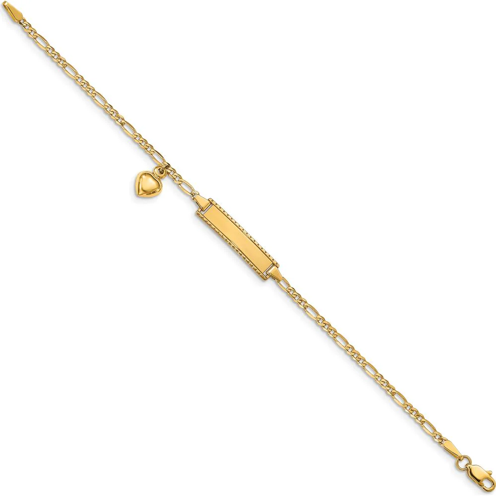 14K Yellow Gold Child's Polished Figaro Link Bracelet with Heart Charm and Engravable ID Plate - 5.5" Length by Oro Pregiato - Image 2
