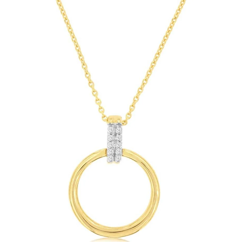 14K Yellow Gold Circle Pendant Necklace with Pavé-Set Round Diamond Bail - 0.03 Carat Total Diamond Weight - Royal Jewelry