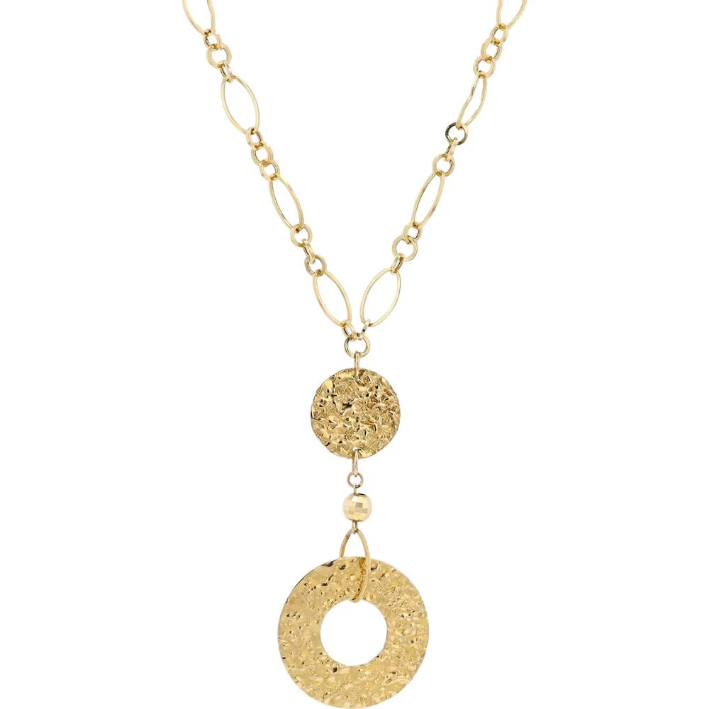 14K Yellow Gold Circle Y-Chain Necklace with Textured Gold Detail - 3.75g Total Weight