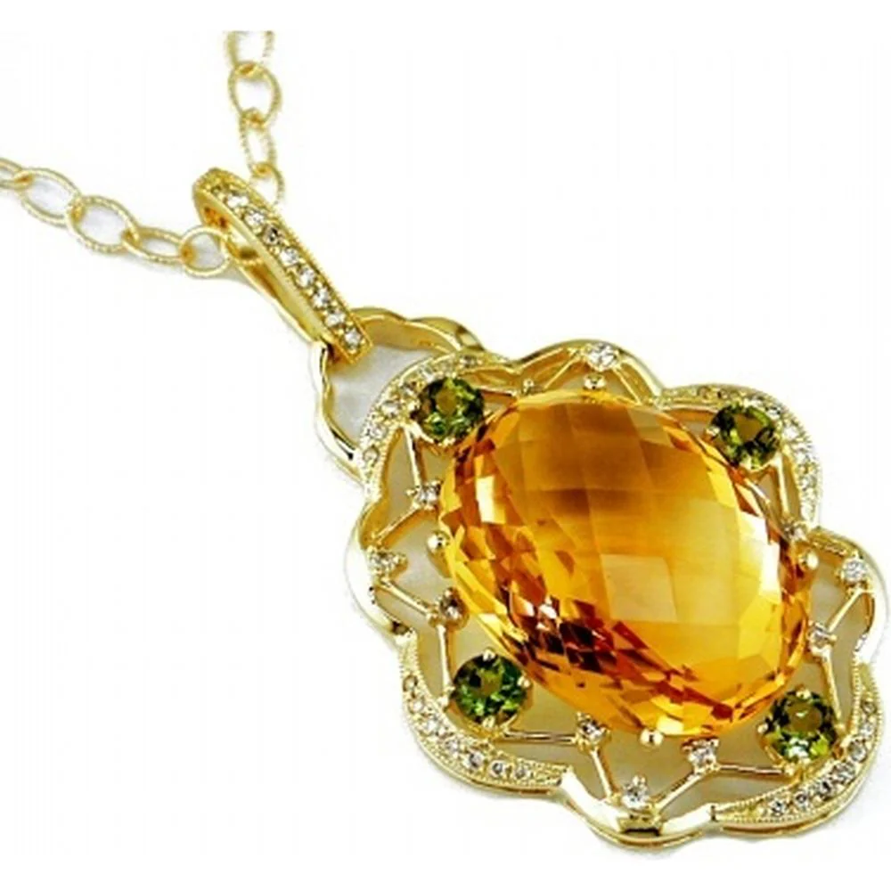 14K Yellow Gold Citrine & Diamond Pendant with Green Tourmaline Accents - 18.62 Carats Total Gem Weight - Royal Jewelry