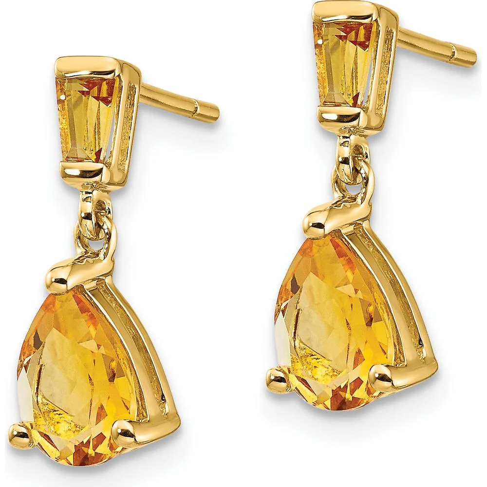 14K Yellow Gold Citrine Dangle Earrings with Baguette and Pear-Cut Citrine - 1.24 Carat Total Citrine Weight by Monteluci Fine Jewelry - Image 2