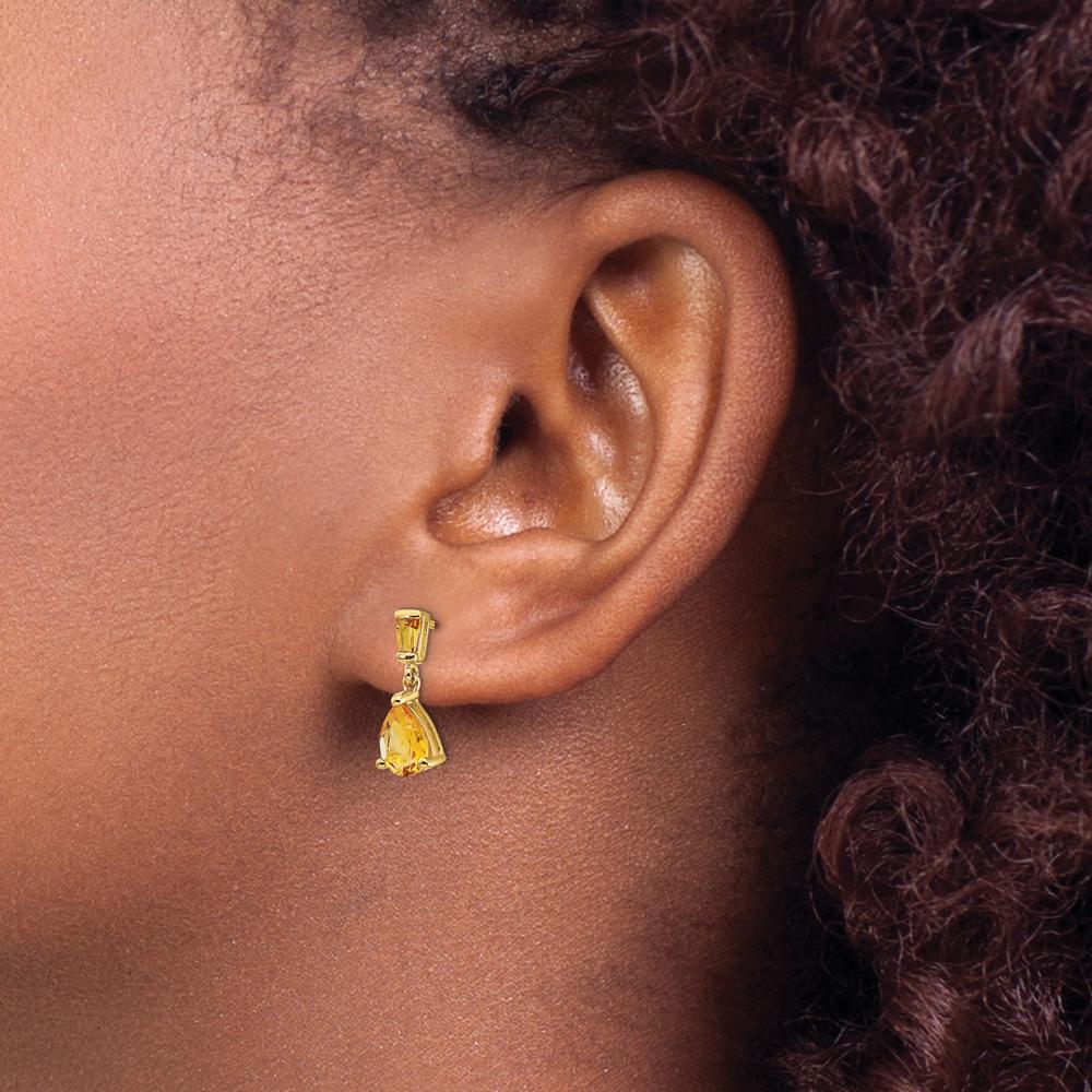 14K Yellow Gold Citrine Dangle Earrings with Baguette and Pear-Cut Citrine - 1.24 Carat Total Citrine Weight by Monteluci Fine Jewelry - Image 3