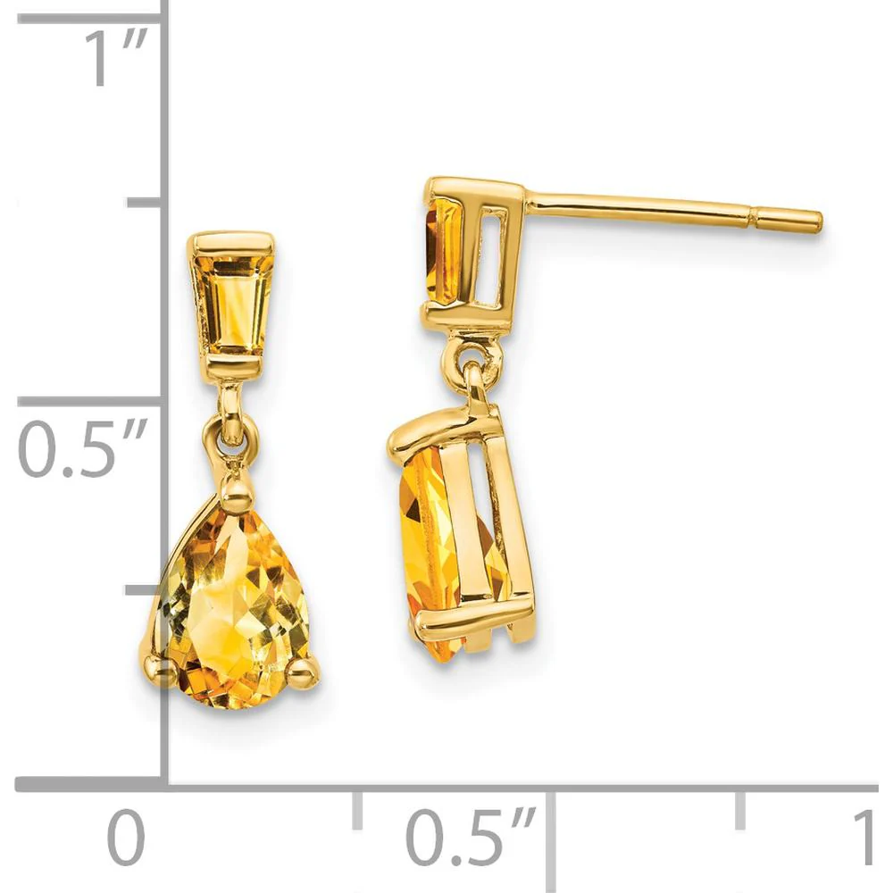 14K Yellow Gold Citrine Dangle Earrings with Baguette and Pear-Cut Citrine - 1.24 Carat Total Citrine Weight by Monteluci Fine Jewelry - Image 4