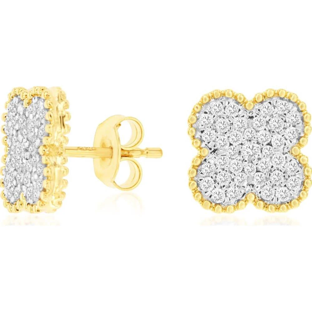 14K Yellow Gold Clover-Inspired Diamond Stud Earrings with Round Cluster Set Diamonds - 0.50 Carat Total Diamond Weight - Royal Jewelry