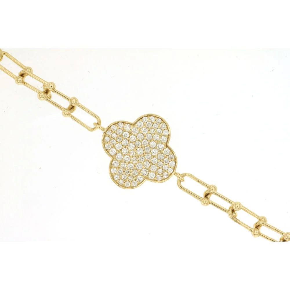 14K Yellow Gold Clover Motif Bracelet with Pavé Set Round Diamonds - 0.50 Carat Total Diamond Weight - Royal Jewelry