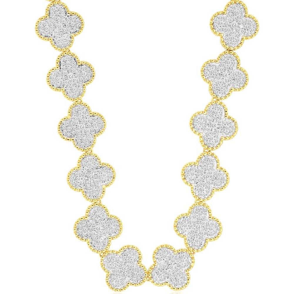 14K Yellow Gold Clover Motif Station Necklace with Diamonds - 6.50 Carat Total Diamond Weight - Royal Jewelry