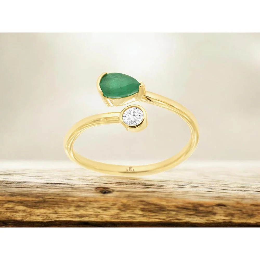 14K Yellow Gold Contemporary Bypass Ring with Pear-Shaped Emerald and Bezel-Set Round Diamond - 0.40 Carat Emerald and 0.10 Carat Diamond Weight - Royal Jewelry - Image 2
