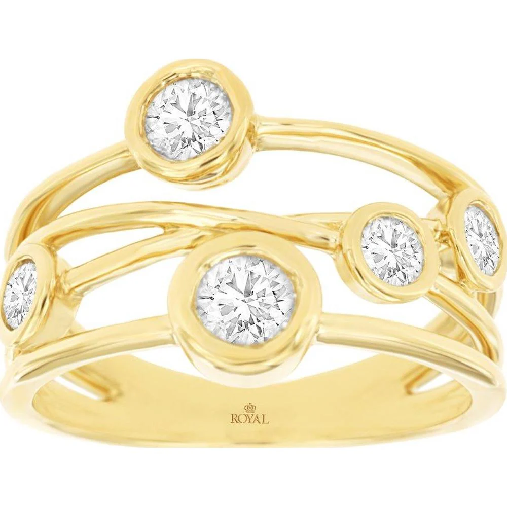 14K Yellow Gold Contemporary Openwork Ring with Bezel-Set Round Diamonds - 0.76 Carat Total Diamond Weight - Royal Jewelry