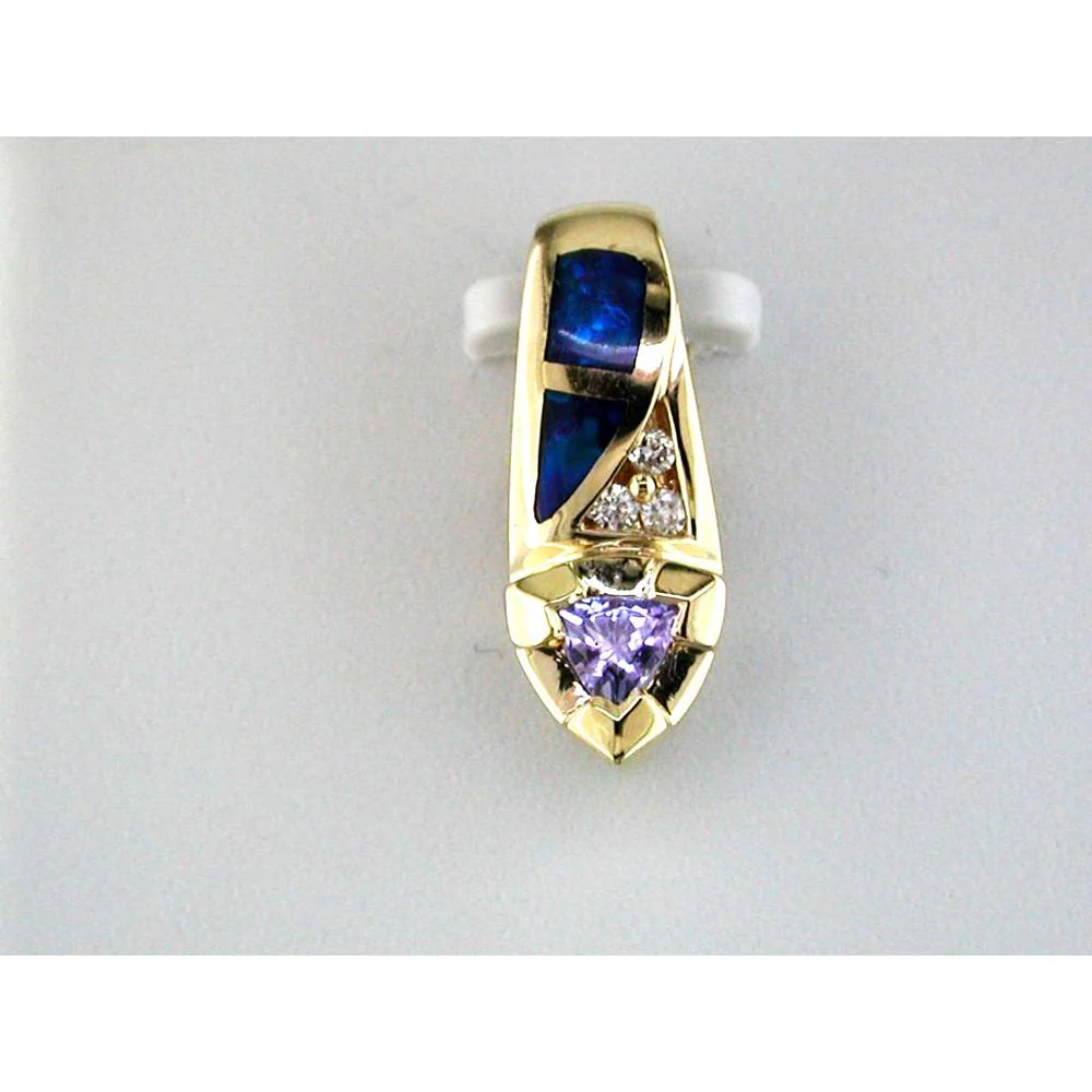 14K Yellow Gold Contemporary Pendant with Trillion Tanzanite, Blue Opal and Round Diamonds - 0.20 Carat Tanzanite and 0.05 Carat Total Diamond Weight - Royal Jewelry