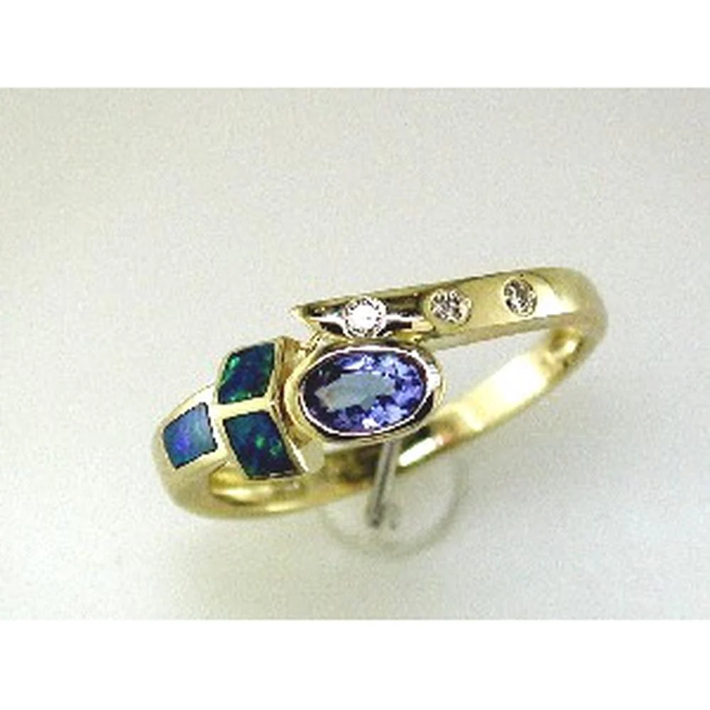14K Yellow Gold Contemporary Ring with Oval Tanzanite, Inlaid Opal, and Bezel-Set Round Diamonds - 0.23 Carat Tanzanite, 0.04 Carat Total Diamond Weight - Royal Jewelry