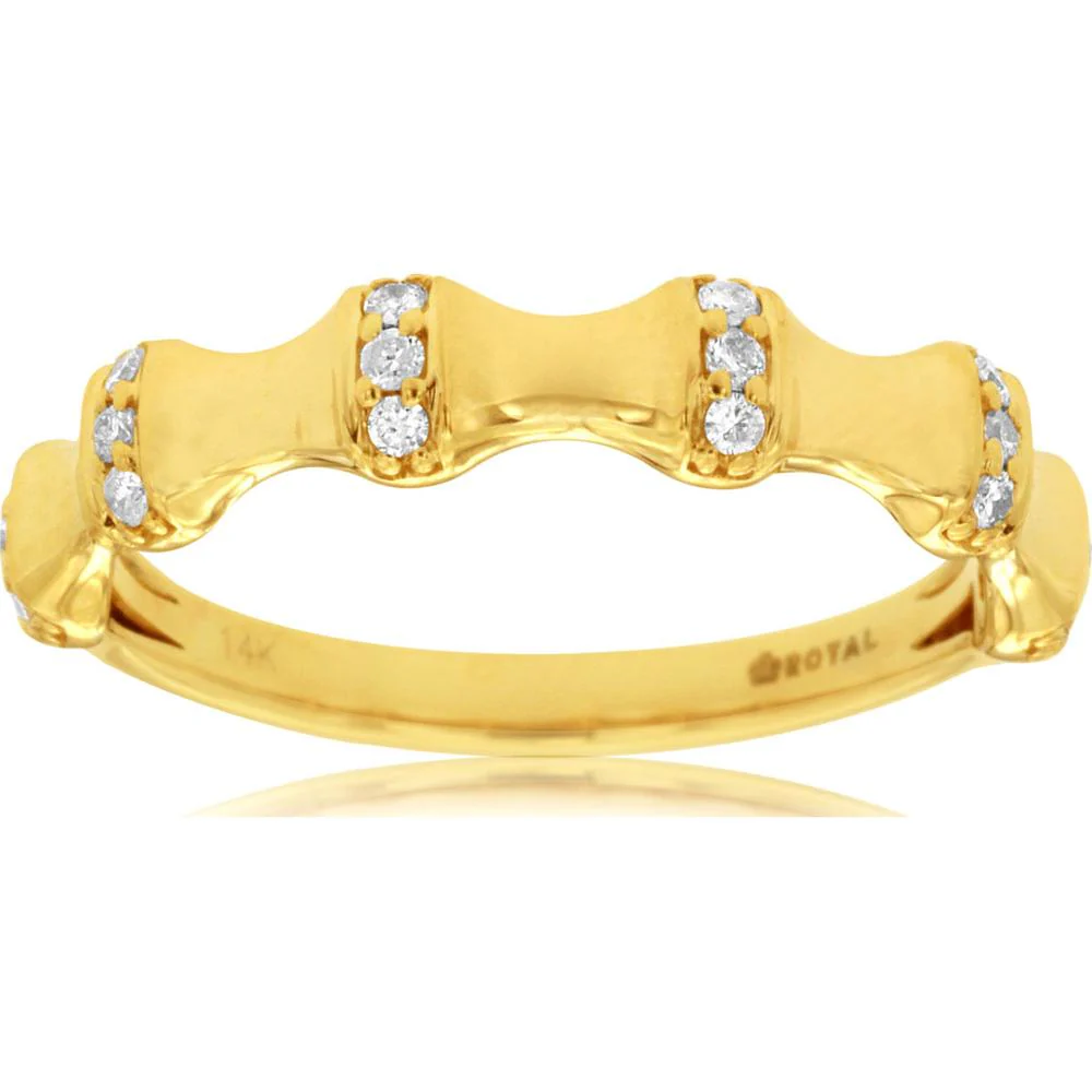 14K Yellow Gold Contour Wave Diamond Band with Round Brilliant Cut Diamonds - 0.14 Carat Total Weight - Royal Jewelry