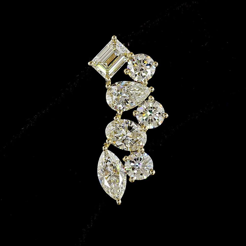 14K Yellow Gold Crawler Earrings with Mixed Cut Lab Diamonds - Emerald, Pear, Oval, and Marquise Cuts - 6.05 Carats Total Diamond Weight - Covaloro Fine Jewelry - Image 2