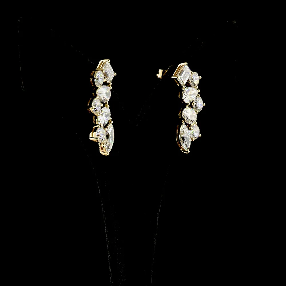 14K Yellow Gold Crawler Earrings with Mixed Cut Lab Diamonds - Emerald, Pear, Oval, and Marquise Cuts - 6.05 Carats Total Diamond Weight - Covaloro Fine Jewelry - Image 3