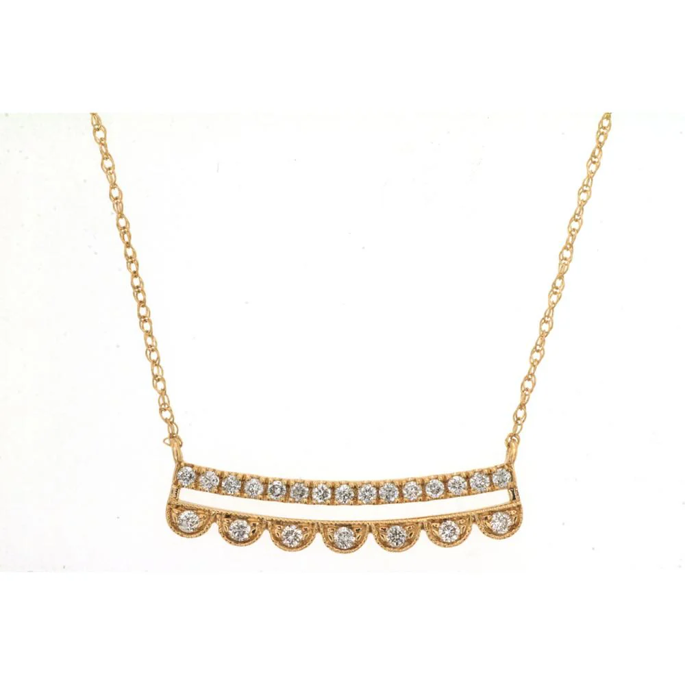 14K Yellow Gold Crescent Diamond Bar Necklace with Scalloped Milgrain Edge and Round Diamonds - 0.20 Carat Total Diamond Weight - Royal Jewelry