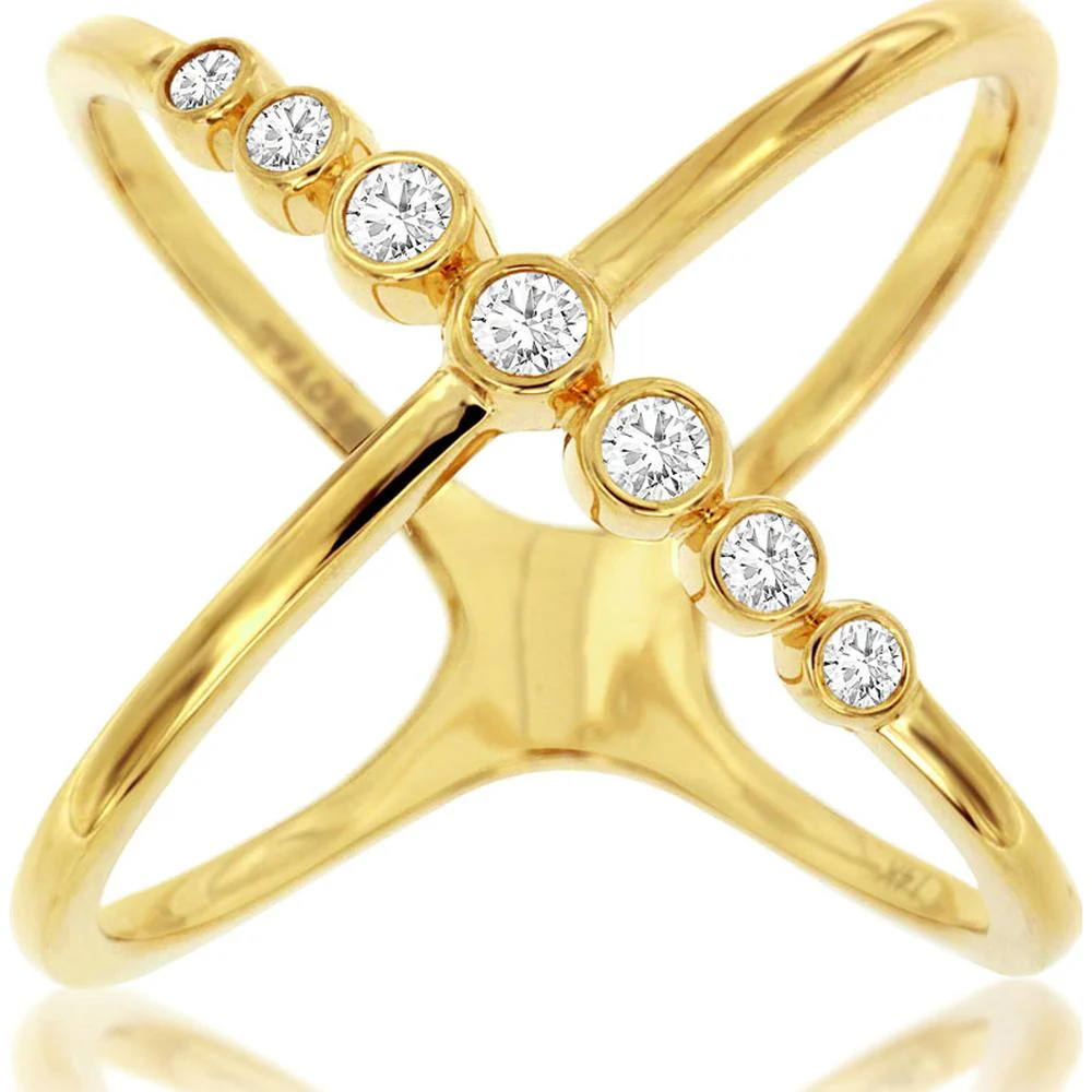 14K Yellow Gold Crisscross 'X' Ring with Bezel Set Round Diamonds - 0.25 Carat Total Diamond Weight - Royal Jewelry