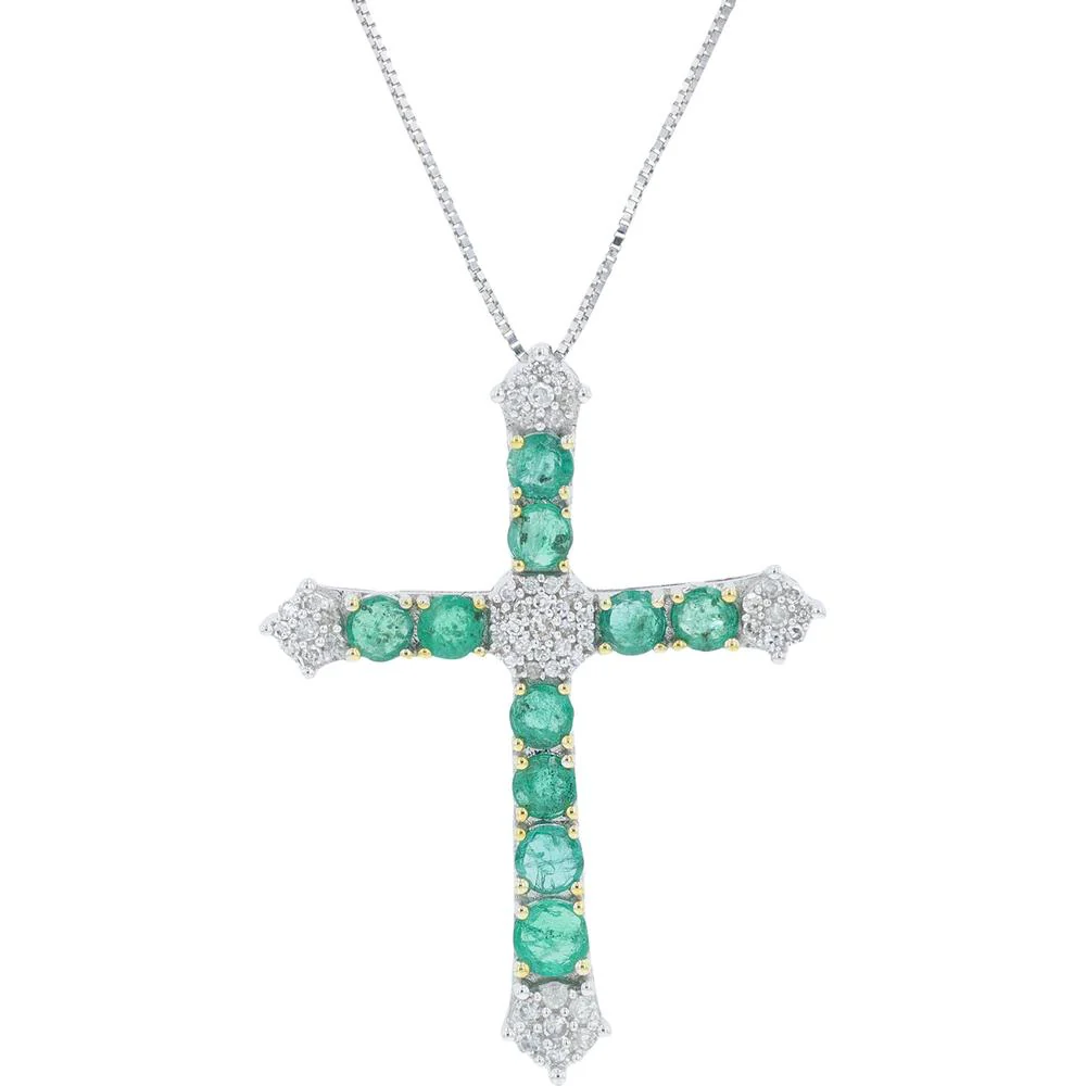 14K Yellow Gold Cross Pendant with 1.10 - 1.25 Carat Emeralds and 0.17 Carat Pavé Diamonds