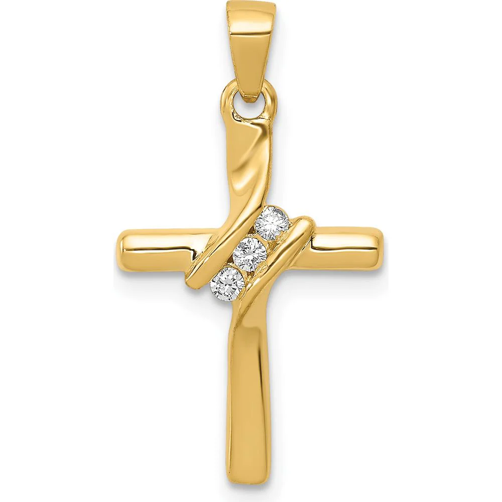 14K Yellow Gold Cross Pendant with 3 Channel-Set Round Diamonds - 1/20 Carat Total Diamond Weight by Monteluci Fine Jewelry